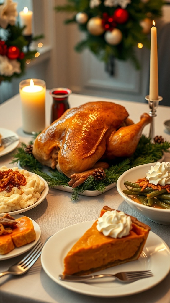Classic 1970s Christmas Dinner Menu A festive Christmas dinner table with roast turkey, mashed potatoes, green bean casserole, and pumpkin pie.